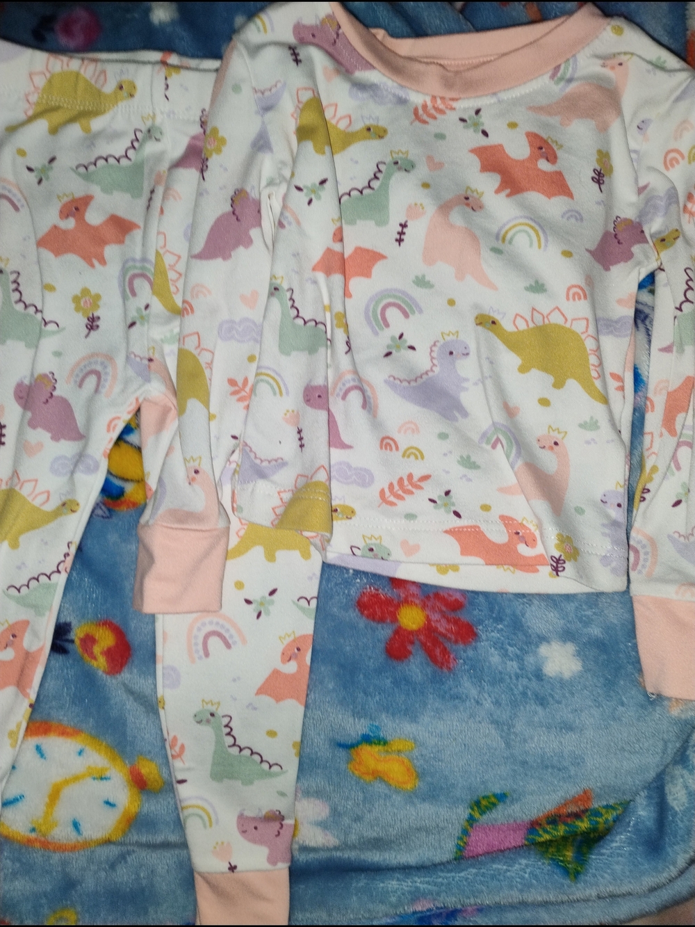 Penelope Mack White Multicolor Dinosaur Print Pajama Set with Pink Trim